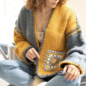 mustard yellow cardigan, bohemian style, hand knitted and crocheted, pockets, women&#39;s clothing, gray color