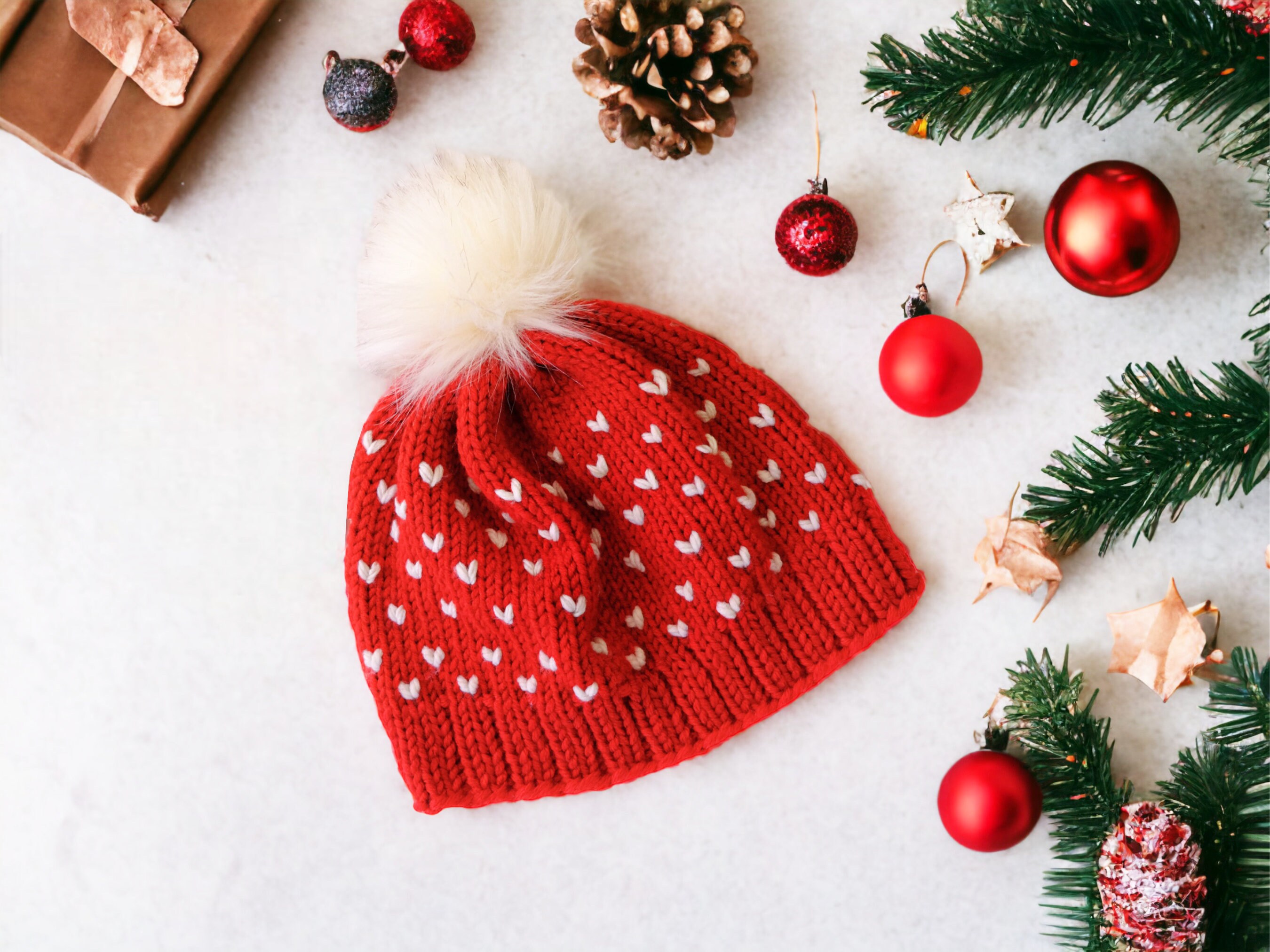 Handmade-Valentine Beanie: One Size Fit All- White and Red Embellished Beanie Red Knit Beanie With White Hearts, Valentine main image 2