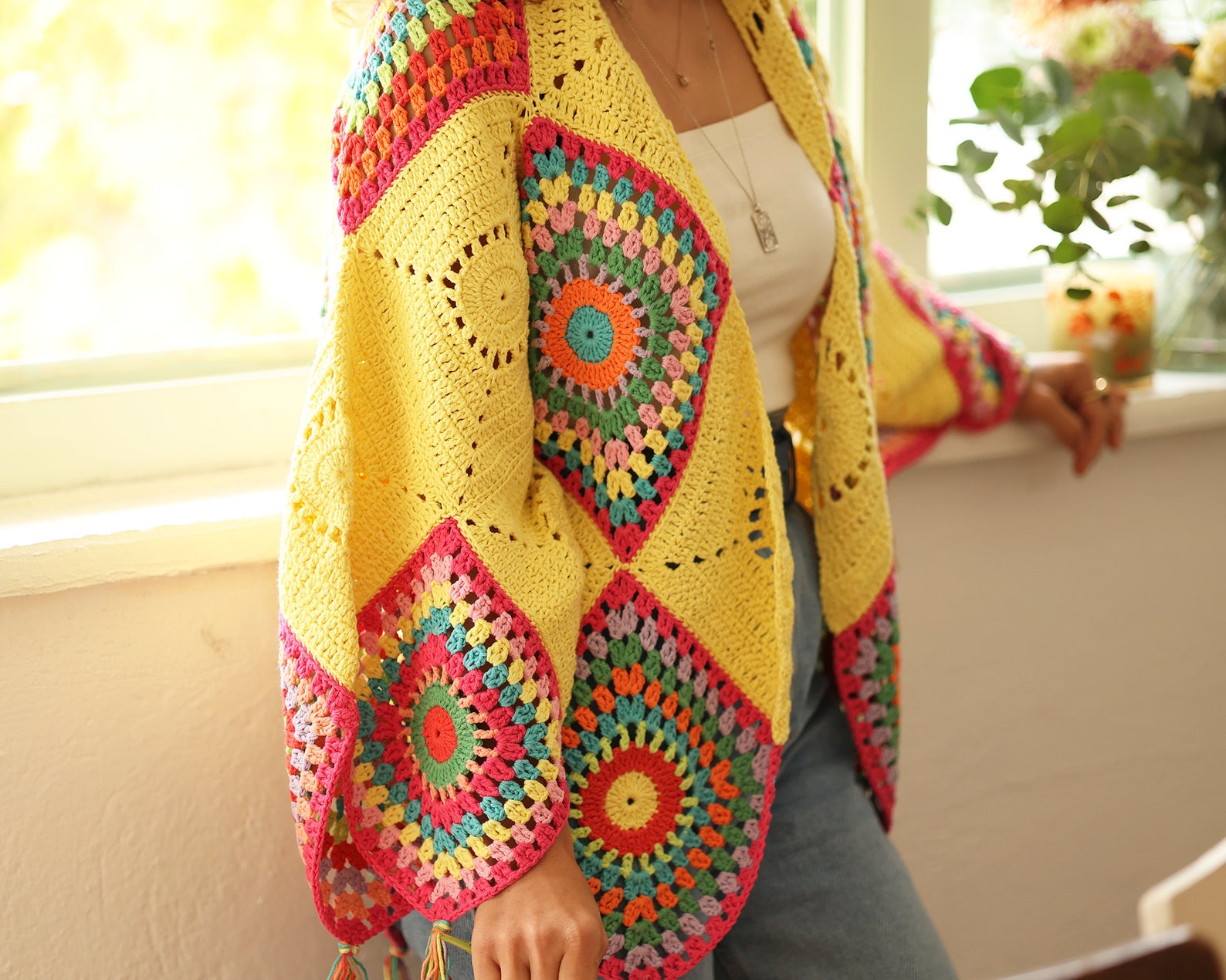 Yellow Crochet Knit Cardigan, Patchwork Cardigan, Knit Granny Square
