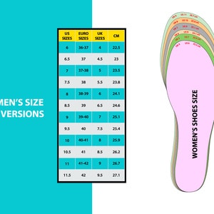 May include: A chart showing women's shoe size conversions in US, Euro, UK, and CM sizes. The chart is on a turquoise background. A pink outline of a foot with the text "Women's Shoes Size" is on the right side of the image.