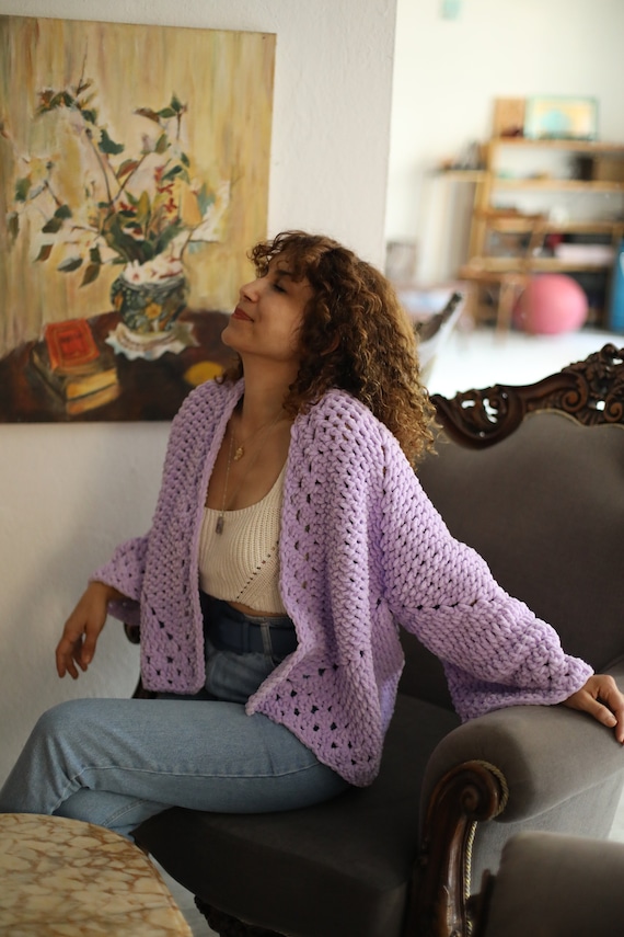 Plush Yarn Knit Woman Cardigan Lilac Color Soft Cardigan Thick Warm Standart Size Love Gift Etsy Ireland