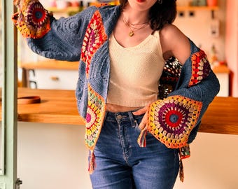 Handgemachte Denim Blaue Häkeljacke - Boho Oma Quadrat Pullover