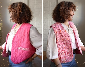 Handmade Reversible Quilted Vest, Pink Boho Oversized Vest