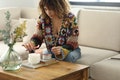patch motif cardigan, women's top, earth tone, colourful, standard size, 100% cotton thread, hand-knitted, gift, love, valentine's day product logo