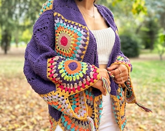 Cardigan Boho viola all'uncinetto, taglia grande, maglione quadrato Boho della nonna, cardigan in stile etnico, ispirato all'hippie, indumento esterno