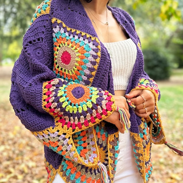 Purple Crocheted Bohemian Cardigan, Bohemian Granny Square Sweater, Ethnic Style Cardigan, Hippie-Inspired,Outer Garment, Gypsy-Style