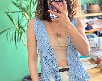 Blue Macrame Boho Vest: Sea Breeze Cotton Tassel Vest