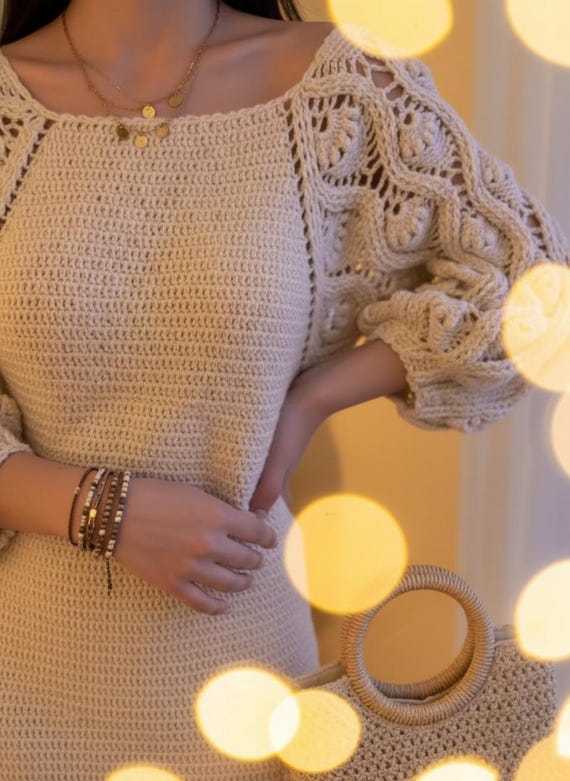 Handmade Beige Crochet Mini Dress: Boho Cotton Spiral Sleeve