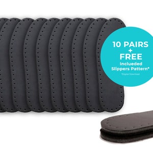 May include: Ten pairs of black foam slipper soles with a pattern of small holes. The soles are arranged in a stack. A blue and white circle with the text "10 PAIRS + FREE Included Slippers Pattern* *Digital Download" is in the upper right corner of the image.