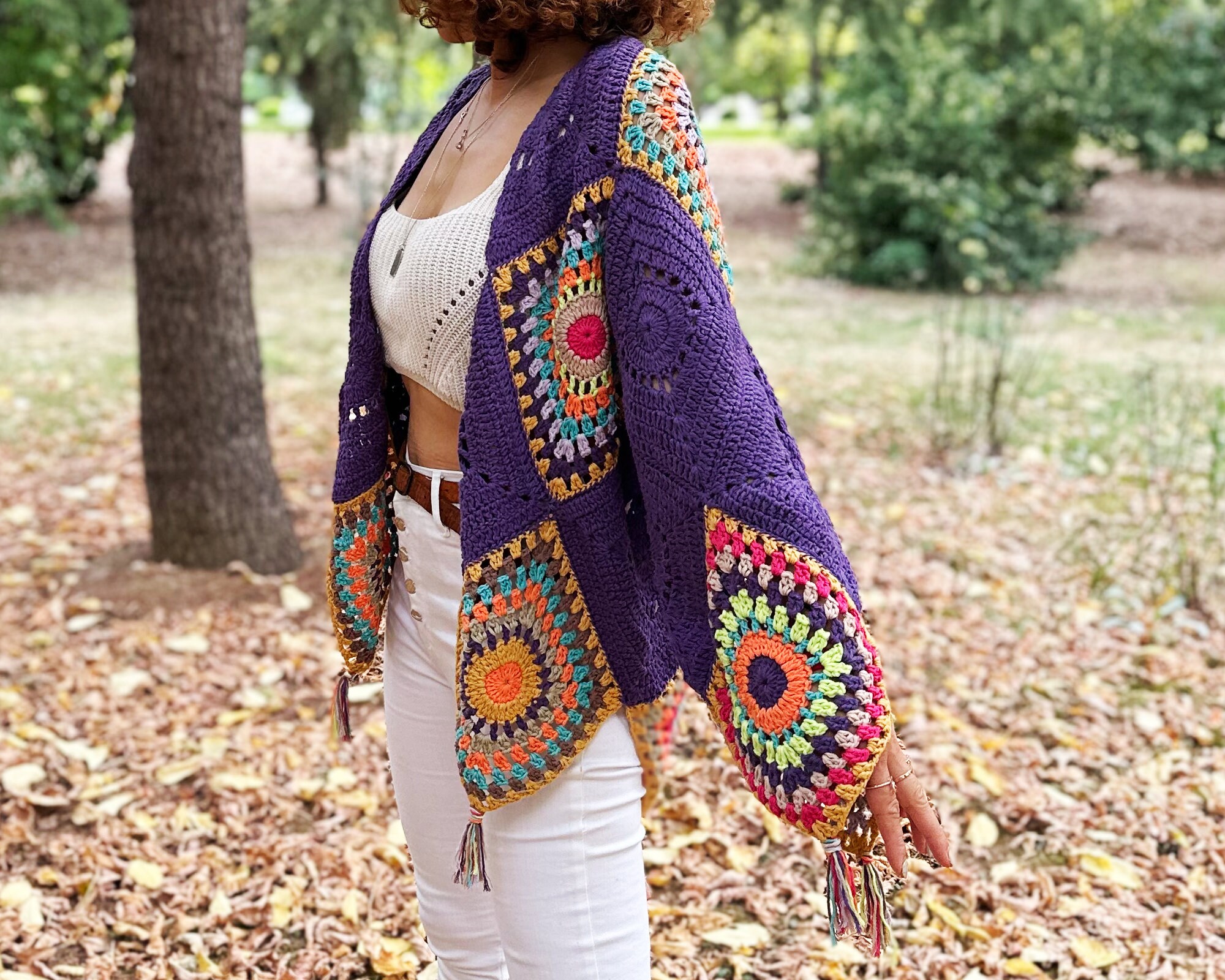 Purple Crocheted Bohemian Cardigan, Bohemian Granny Square Purple Crocheted Bohemian Cardigan, Bohemian Granny Square