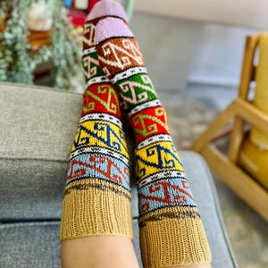 Ethnic Rug Pattern Handmade Colorful Knitted Long Socks