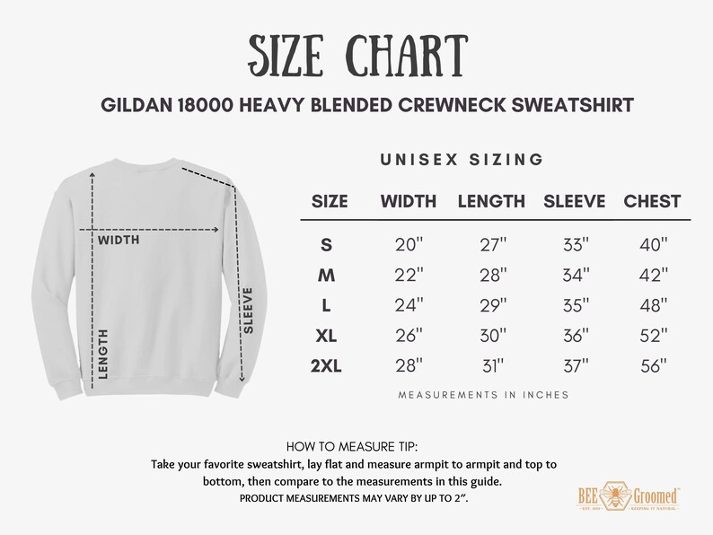 May include: Size chart for a Gildan 18000 heavy blended crewneck sweatshirt. The chart shows unisex sizing with measurements in inches for width, length, sleeve, and chest for sizes S, M, L, XL, and 2XL.