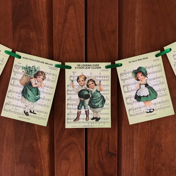 St. Patrick’s Day Banner Bunting Garland ~ Vintage Irish Sheet Music ~ Antique Postcard Children Images ~ Four Leaf Clover ~ Shamrocks