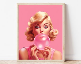 May include: A woman with blonde hair blows a pink bubble with a straw. She is wearing a pink dress and has a pink background.