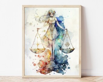 Puede incluir: Impresión en acuarela del signo zodiacal de Libra. La obra presenta a una mujer sosteniendo una balanza, con un fondo colorido dividido. Las balanzas son doradas y la mujer lleva un vestido fluido. La obra está enmarcada en un marco de madera clara.