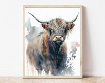 Highland Cow Print - Highland Cow Decor | Digital Print | Cow Wall Art | Highland Cow Nursery | Watercolor Print