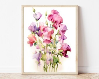 Impresión de guisante dulce - Impresión de flores de nacimiento / Descarga digital / Arte de flores de nacimiento / Impresión botánica / Acuarela floral