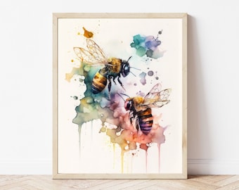 Watercolor Bee - Bee Print | Digital Download | Bee Wall Art | Honeybee Print | Bumble Bee Decor