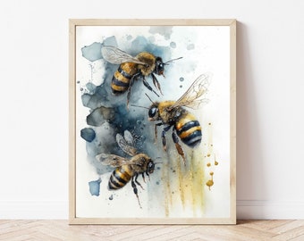 Impresión de abejas - Descarga digital / Arte de la pared de abejas / Decoración de abejas / Abeja acuarela / Impresión de abejas / Arte de pared de insectos