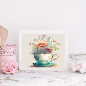 Vintage Teacup Digital Download - Printable Art | Watercolor Art | Fairycore Decor | Teacup Decor
