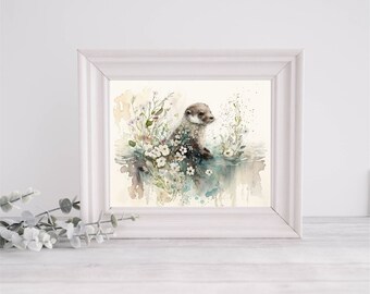 Impresión digital de nutria marina - Vivero temático del océano / Regalos de nutria / Arte de la pared del océano / Impresión de acuarela