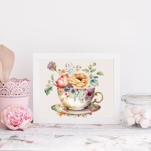 Aquarel theekopje Art Print - digitale download | Vintage theekopje | Bloemen theekopjes | Afdrukbare kunst | Theekopje decor