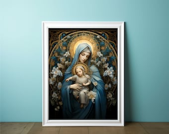 Modern Christian Art - Mary and Jesus | Mother Mary Prints | Virgin Mary | Modern Catholic Art | Christian Wall Art