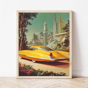 May include: A yellow futuristic car driving through a city with tall buildings and a waterfall in the background. The car has a chrome bumper and a sleek design.