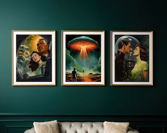 Arte de futurismo retro - Conjunto de 3 impresiones digitales de pulp art / Arte de ciencia ficción retro / Arte de pared trippy / Arte de pared surrealista