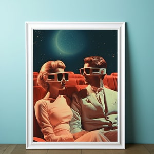 May include: A couple wearing 3D glasses sits in a movie theater, looking at each other. The background is a starry night sky with a crescent moon.