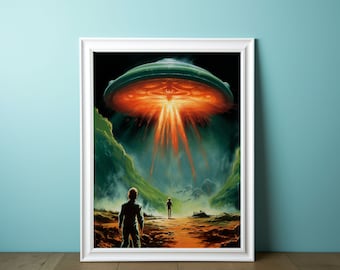 Pulp Art Digital Download - Retro Futurism Art | UFO Decor | Retro Sci Fi Art | Trippy Wall Art | Surreal Wall Art