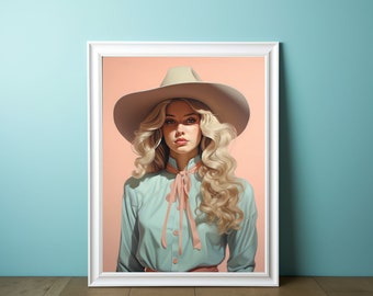 Può includere: Una donna con lunghi capelli biondi che indossa una camicia blu chiaro con un fiocco rosa e un cappello da cowboy bianco. Lo sfondo è rosa chiaro.