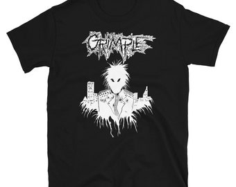 Puede incluir: Camiseta negra con un estampado gráfico blanco de una persona con un peinado de punta y un horizonte urbano. El texto "GRIMPLE" está impreso en una fuente estilizada sobre el gráfico.