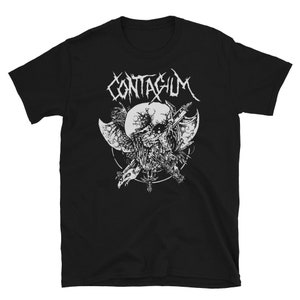 May include: Black t-shirt with a white graphic design of a skull with crossed swords and the text "CONTAGIUM".
