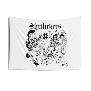 May include: Black and white illustration of a punk rock band called "Shitlickers - Cracked Corp."