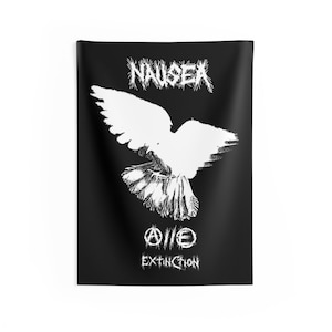 May include: Black and white tapestry featuring a stylized white dove in flight with the text "NAUSEA" above it and "ONE EXTINCTION" below it.