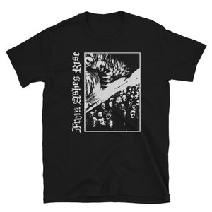 May include: Black t-shirt with a white graphic design featuring a crowd of faces and a skeletal figure. The text "From Ashes Rise" is printed vertically on the left side of the shirt in a gothic font.