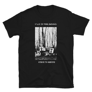 May include: Black t-shirt with a white graphic print of a forest scene with the text "Flux of Pink Indians" and "Strive to Survive".
