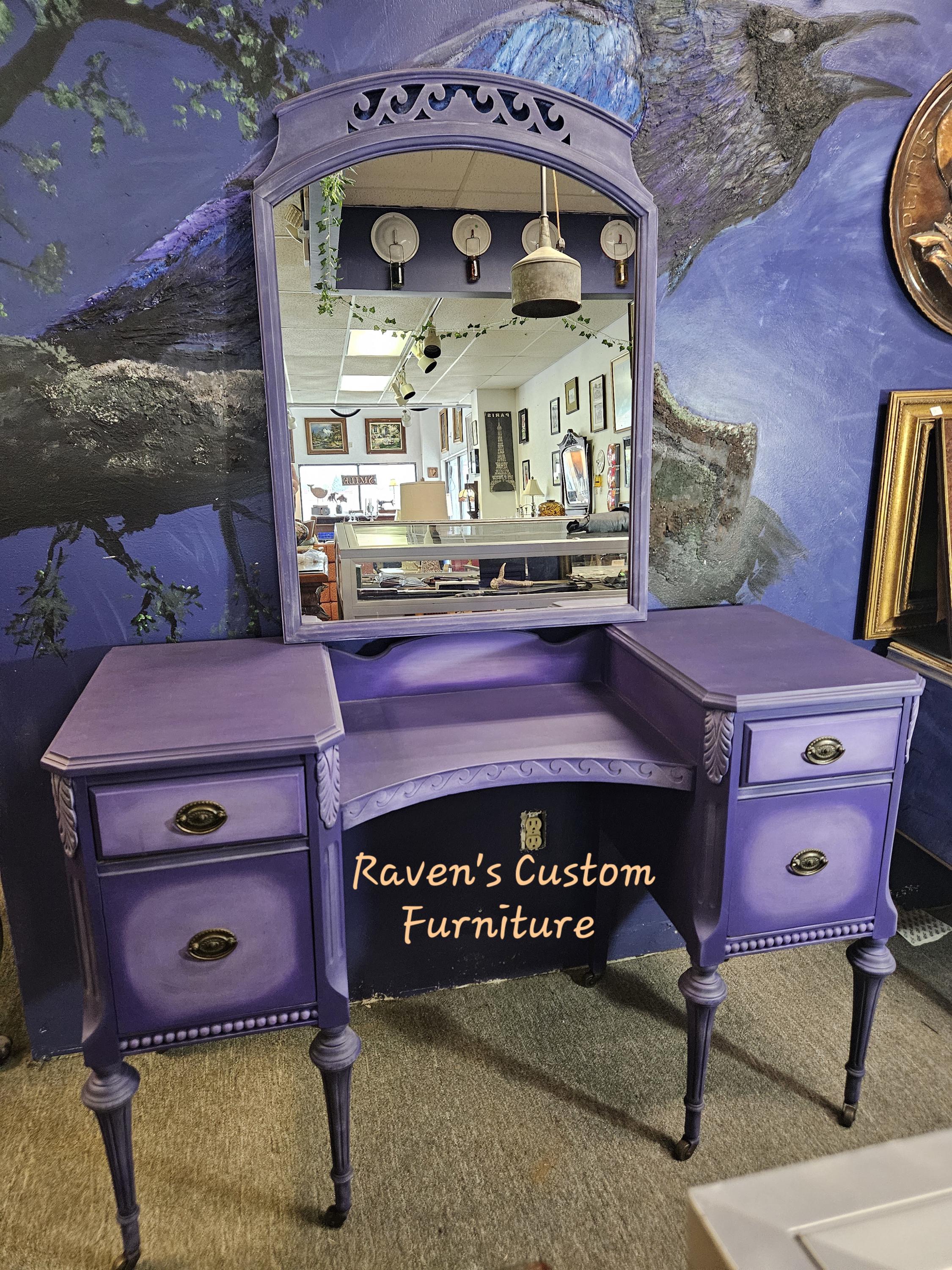 Restored Vintage Ladies Vanity, Mirror & Stool, Amethyst Dixie