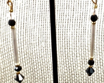 Black Crystal & White Bugle Bead Earrings