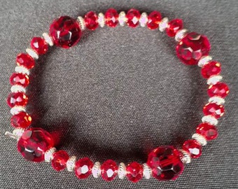 Red Cut Glass  with Silver Spacers Beaded Bracelet