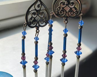 Earrings Tear Drop Blue and Red