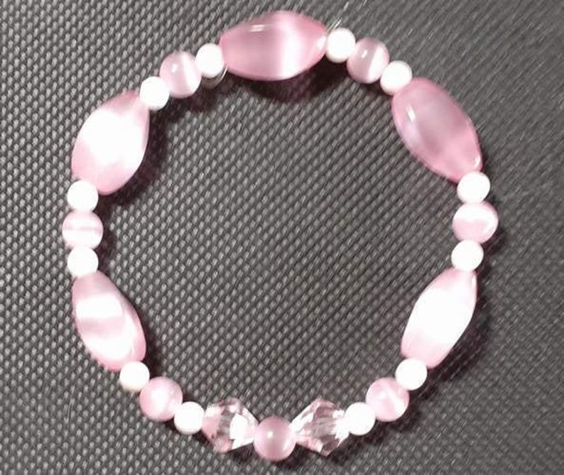 Pink Tiger Cats Eye, Pink Mother of Pearl, Crystal, Cut Glass Beaded Bracelet image 1