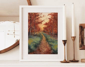 Direct downloaden | Aquarel: Gloeiende herfstochtend, rode herfstbomen