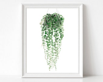 Hanging Plant Botanical Print, Printable House Plant, Watercolor Painting, Modern Plants, Green Wall Art, Home Decor Wall Art, Digital Print