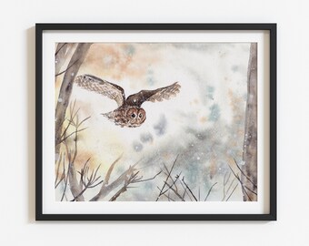 Direct te downloaden | Aquarelprint van een uil, besneeuwd winterlandschap