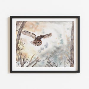 Owl in the Snow Art Print, Watercolor Owl Print, Flying Owl Art, Snowy Owl, Winter Animal Art