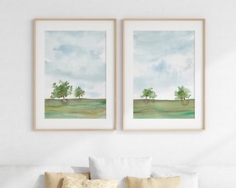Direct te downloaden | Set aquarel landschapsprints, abstracte lucht met bomen, rustgevende muurdecoratie