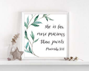 Direct downloaden | Spreuken 31:10 Muurdecoratie voor de kinderkamer, Kostbaarder dan juwelen, Aquarel