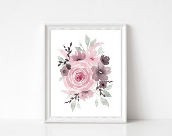 Direktnedladdning | Akvarell blommigt tryck | Väggkonst med rosa rosor
